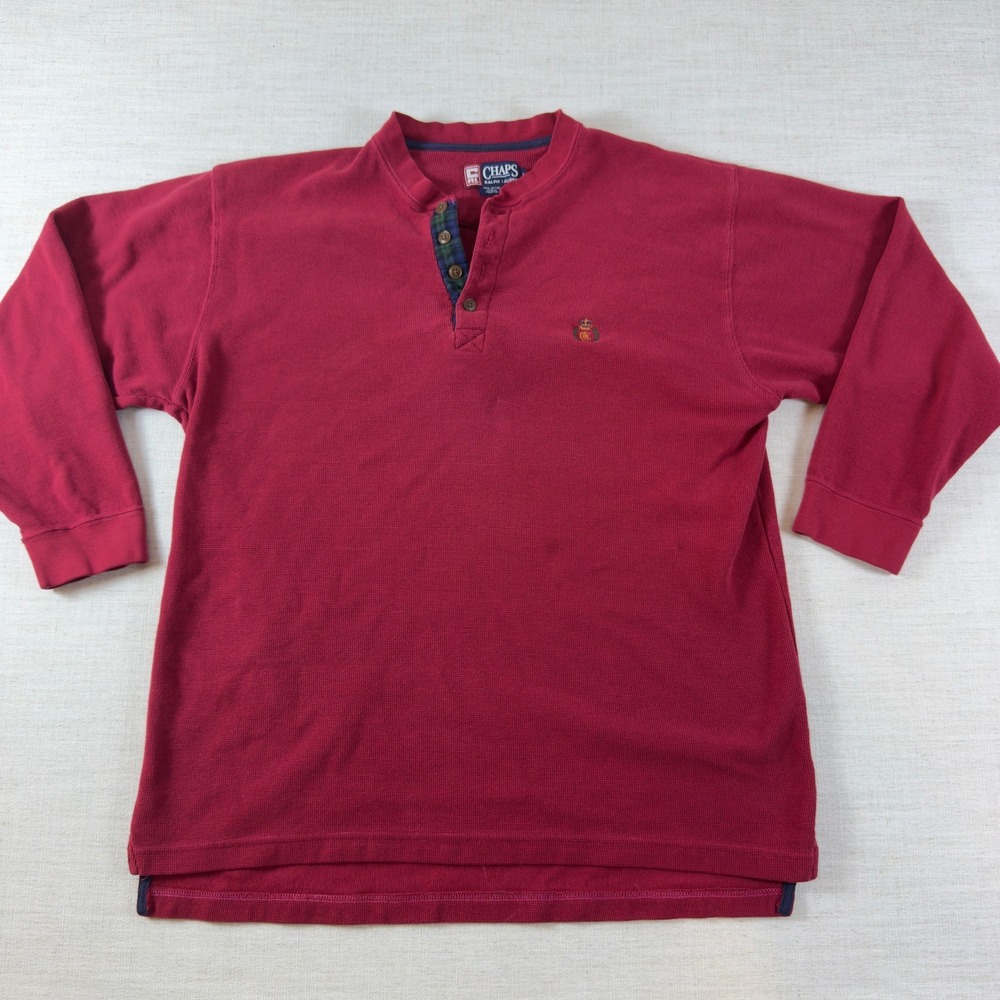 Vintage Chaps Ralph Lauren Henley Mens L Red Waffle Knit Cotton Crest 90s